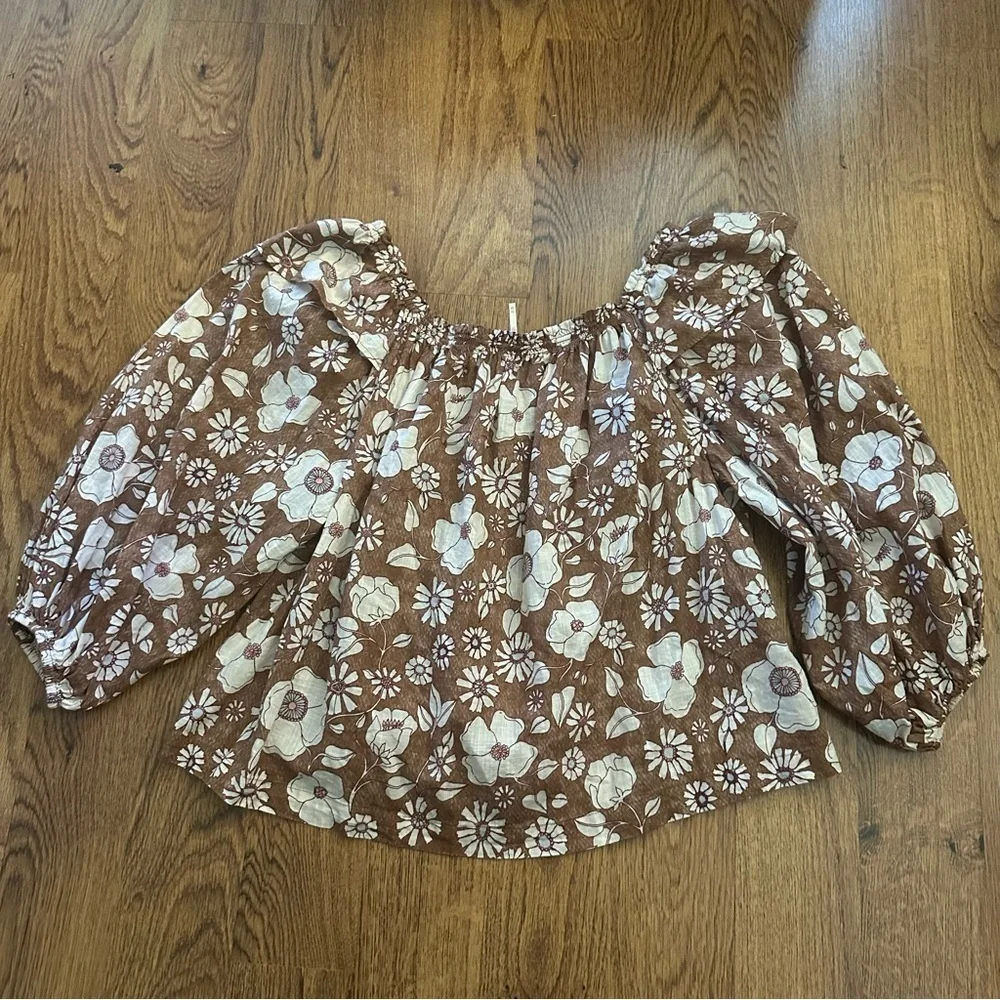 Free People Brown Floral Off-Shoulder Blouse relaxed fit top blouse size XS